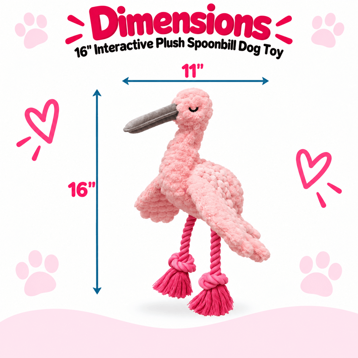 Petlou Tuggyz Spoonbill Dog Tug Toy 16" pink plush bird toy with rope legs.