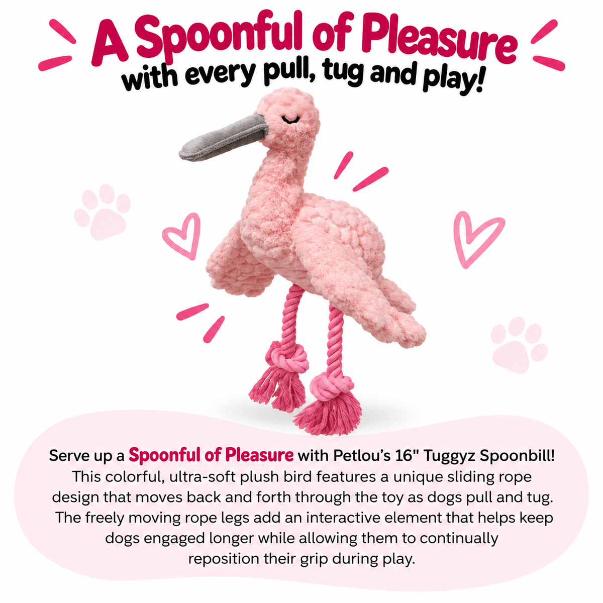 Petlou 16" Tuggyz Spoonbill dog tug toy, a pink plush bird with rope legs.