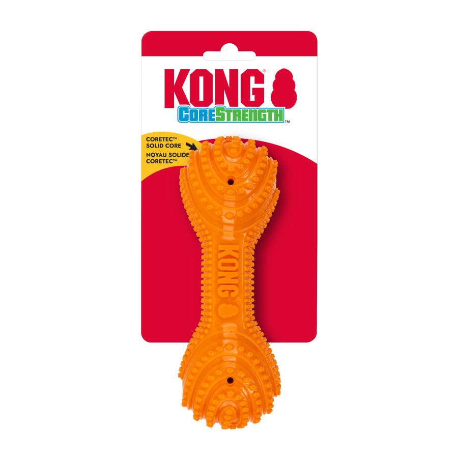 KONG Corestrength Dumbbell Dog Toy in bright orange, featuring textured surfaces for durability and active play.