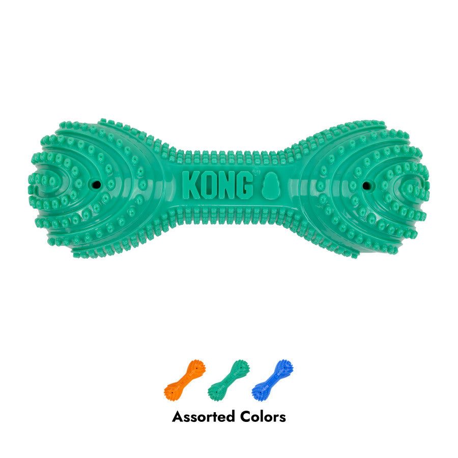 KONG Corestrength Dumbbell Dog Toy in vibrant green, featuring textured surfaces for grip and play. Assorted colors available