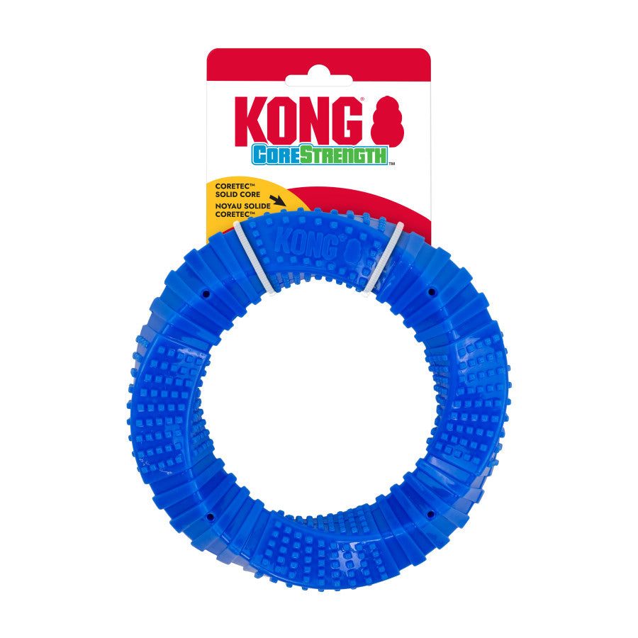 Blue KONG Corestrength Ring Toy featuring a textured surface for interactive play, packaged with a hanging tag.