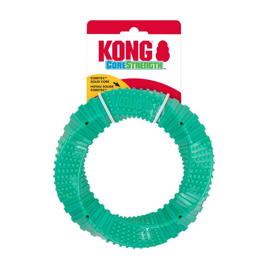 KONG Corestrength Ring Toy in vibrant green, designed for interactive play and durability, featuring textured surfaces.