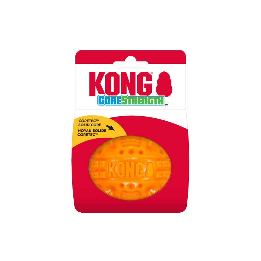 KONG Corestrength Ball Dog Toy in bright orange packaging, featuring a durable ball designed for playful pups.