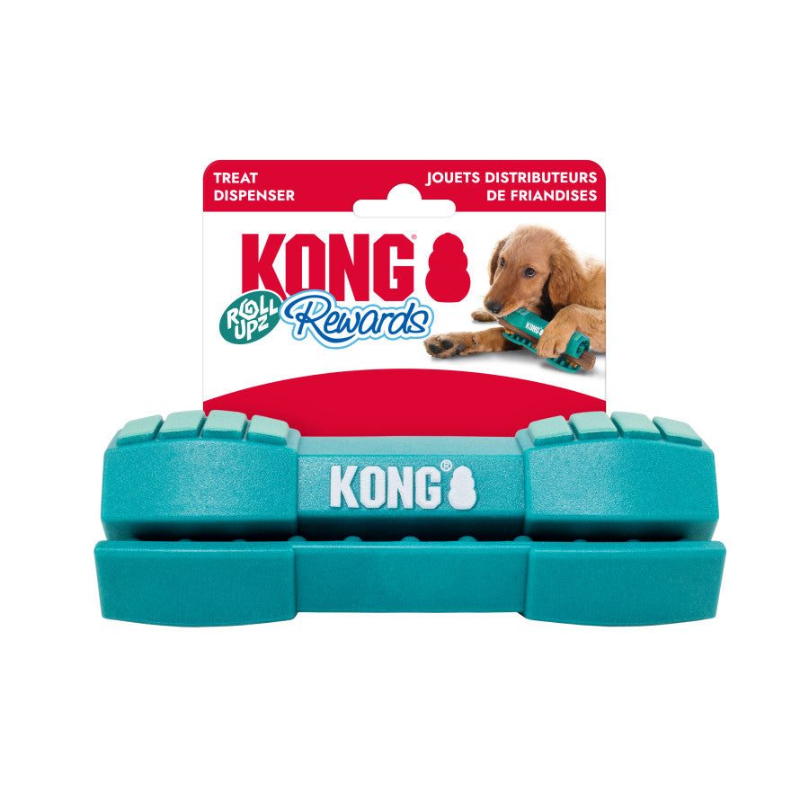 KONG Rewards Roll Upz Stick Treat Dispenser in teal, designed for dogs, featuring a fun, chewable shape.