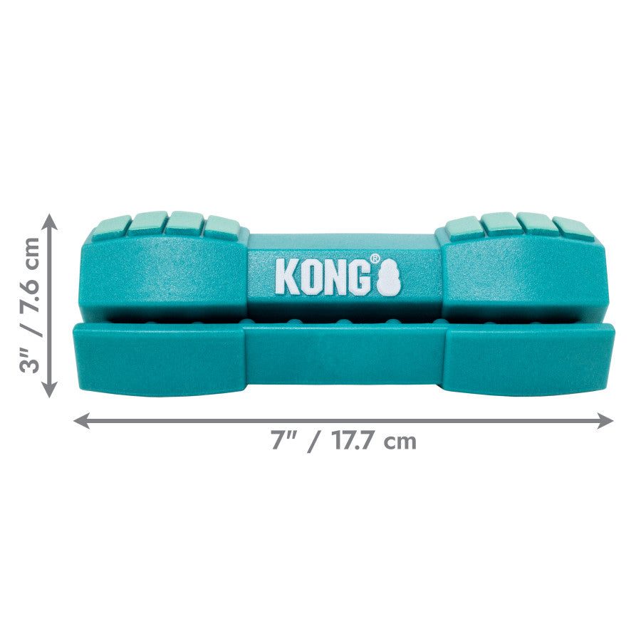 KONG Rewards Roll Upz Stick Treat Dispenser in teal, measuring 7" x 3", designed for dogs to dispense treats.