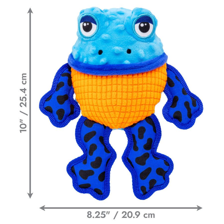 KONG Tropics Rattlez Frog Toy, colorful plush frog with blue head, orange body, and patterned legs, measures 10" tall.