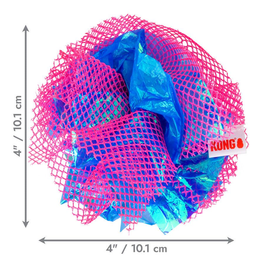 KONG Cat Toy Balls - Assorted crackle fluff balls in pink and blue mesh, measuring 4 inches, ideal for feline play.