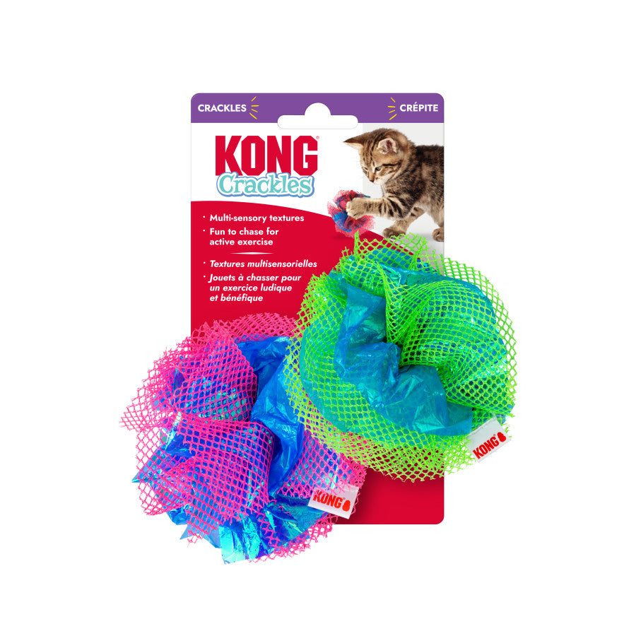 KONG Cat Toy Balls - Assorted crackle fluff balls in blue and green mesh for engaging feline fun and exercise.