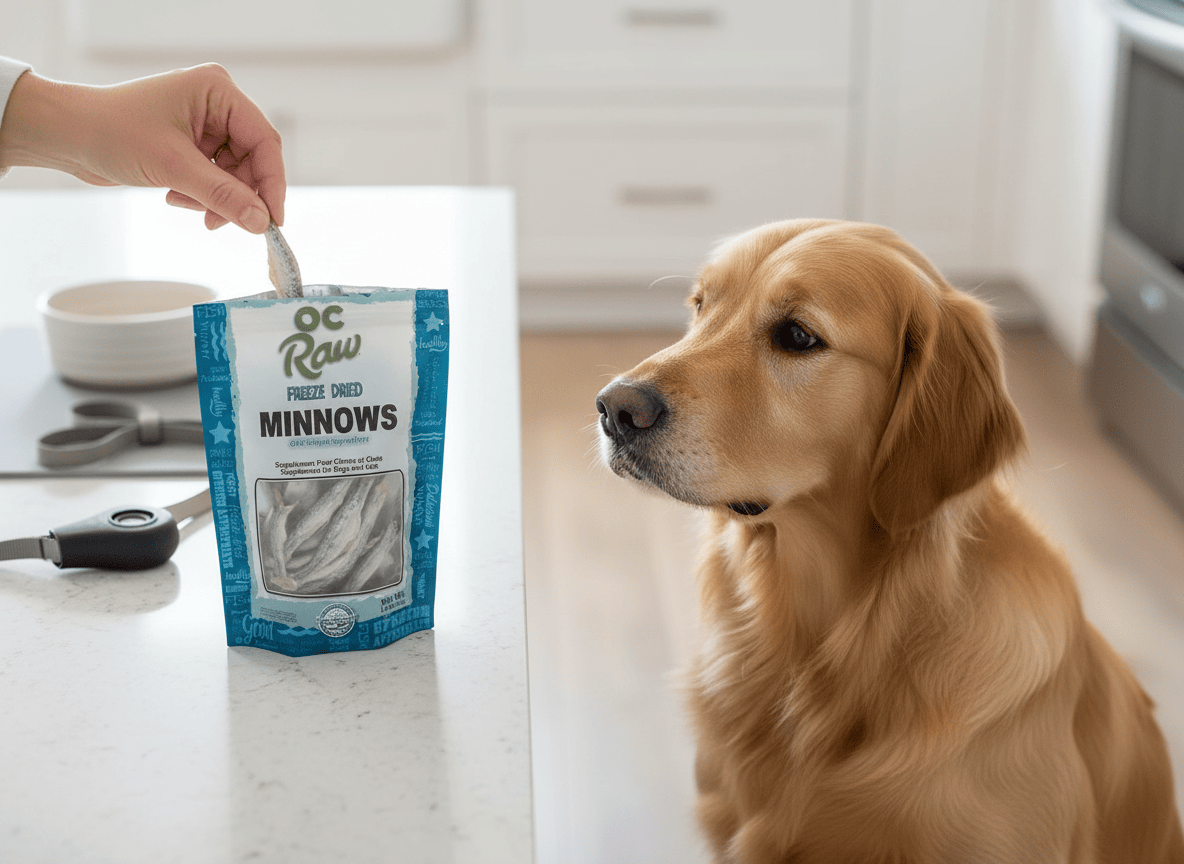 Golden retriever watches eagerly as a hand pulls a minnow from the OC Raw Minnows Freeze Dried Dog Treats bag.