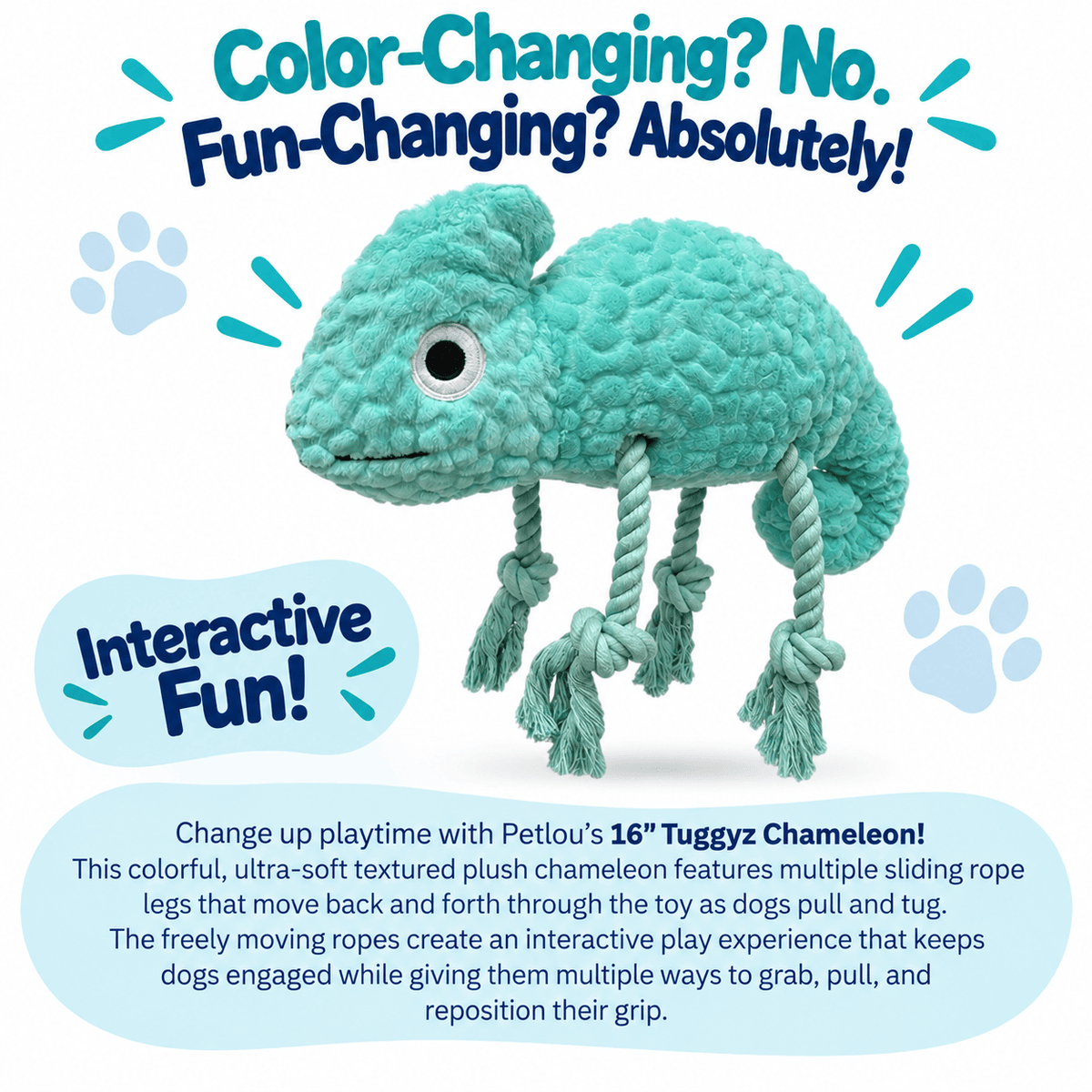 Petlou 16" Tuggyz Chameleon dog tug toy with rope legs, teal plush.
