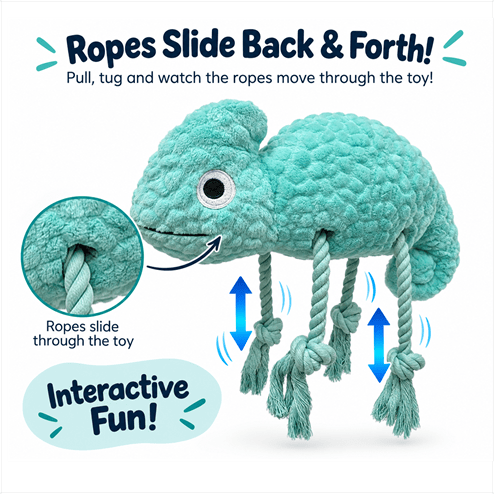 Petlou Tuggyz Chameleon Dog Tug Toy 16" in teal with ropes sliding through its body.