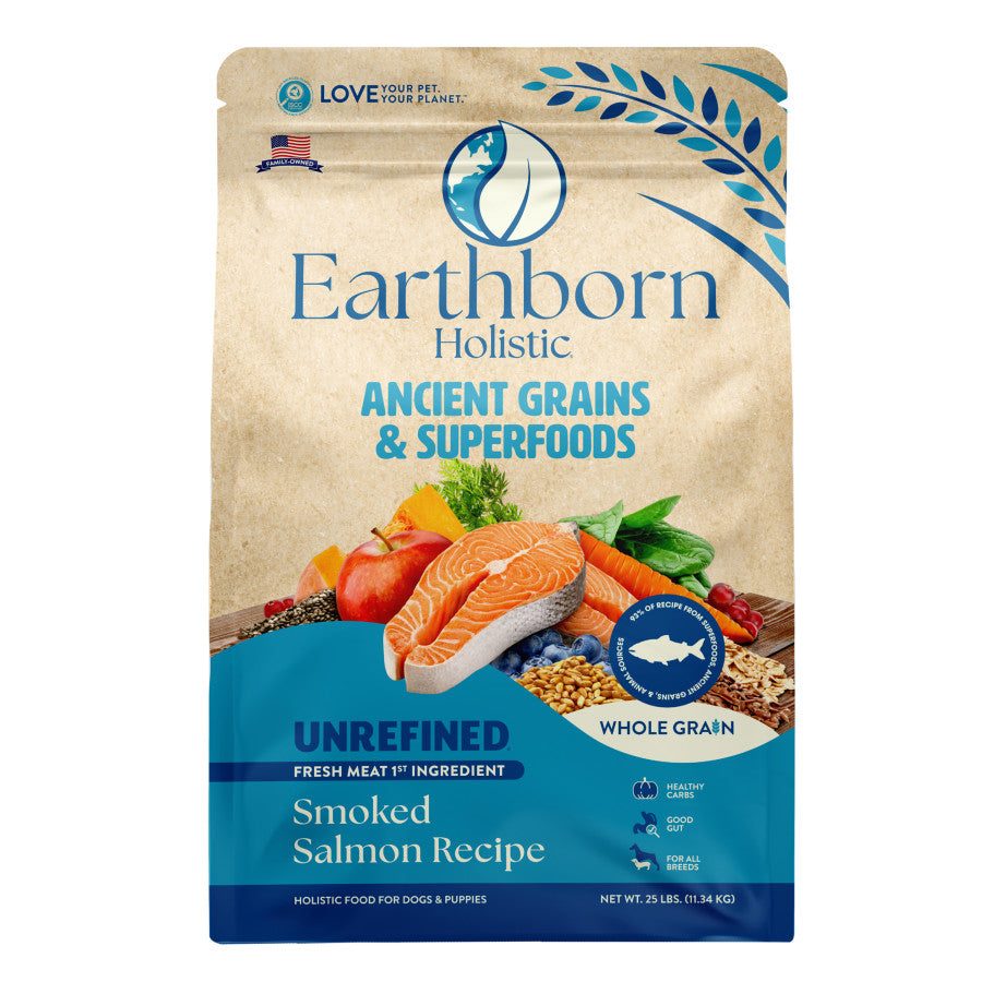 Earthborn Holistic Ancient Grains Smoked Salmon Recipe dog food bag with salmon, grains, and vegetables on packaging