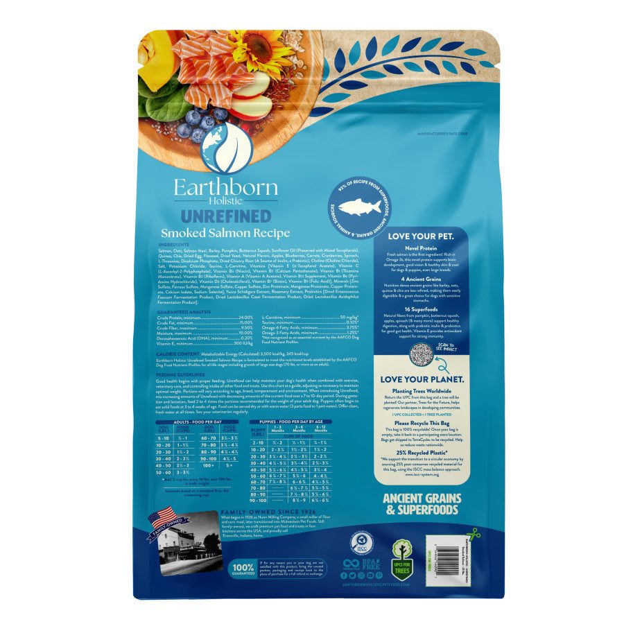 Back of Earthborn Holistic Unrefined smoked salmon recipe dog food bag, ingredient and nutrition details visible