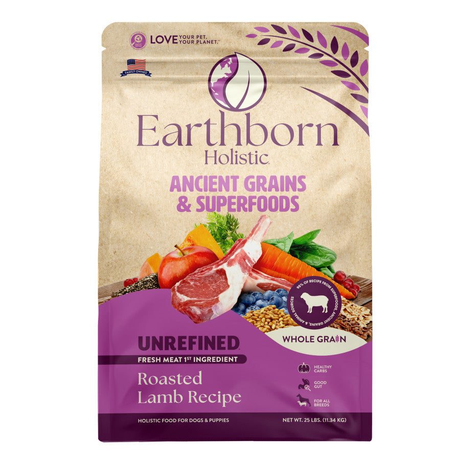 Earthborn Holistic ancient grains roasted lamb dog food bag with grains, lamb, and vegetables.