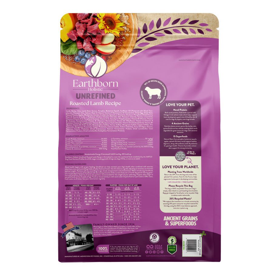 Earthborn Holistic Unrefined roasted lamb dry dog food bag with ingredients and feeding guide