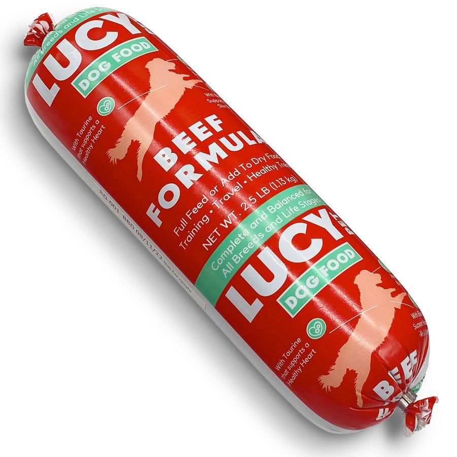 Talis Us Lucy Pet Products Dog Food Roll Beef - Premium Beef Formula in red packaging, 1.5 lb size for healthy dogs.