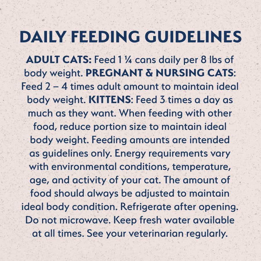 Daily feeding guidelines for adult cats, kittens, and pregnant or nursing cats.