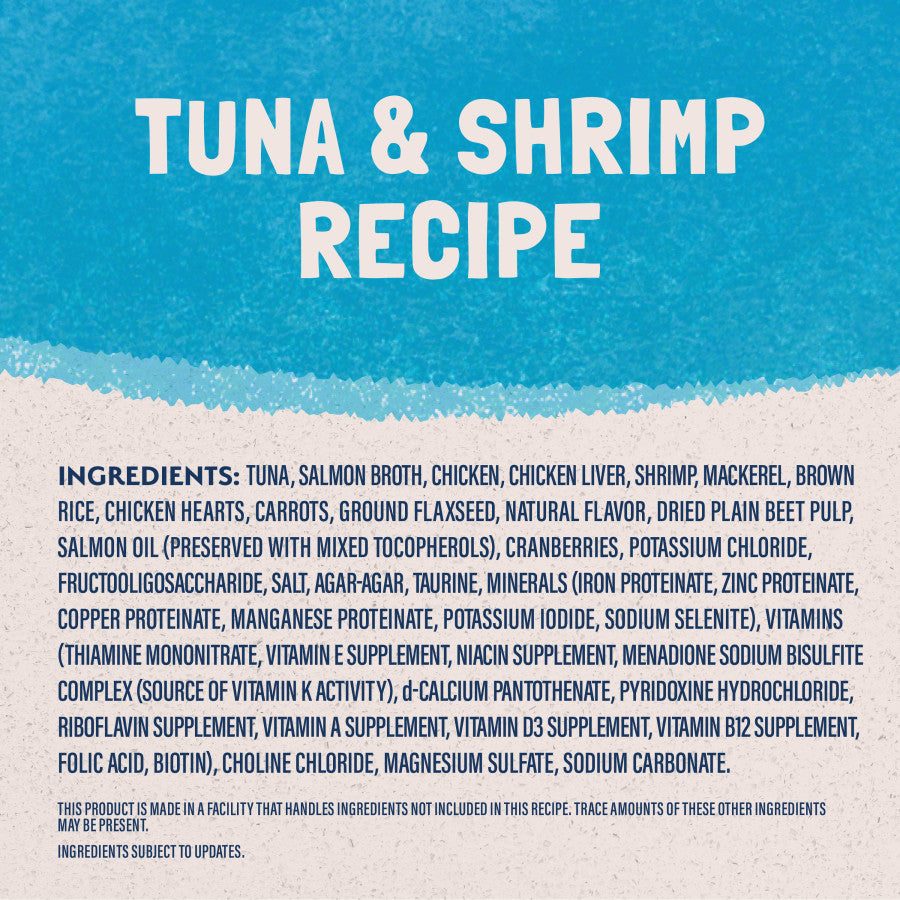 Natural Balance Ultra Premium Wet Cat Food Tuna & Shrimp Recipe ingredient list featuring real tuna, salmon broth, and shrimp.