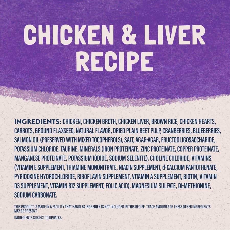 Ingredient list for Natural Balance Ultra Premium Wet Cat Food Chicken & Liver Recipe featuring real chicken and liver.