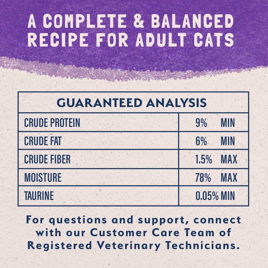 Guaranteed analysis chart for Natural Balance Ultra Premium Wet Cat Food showing protein, fat, fiber, and taurine levels.