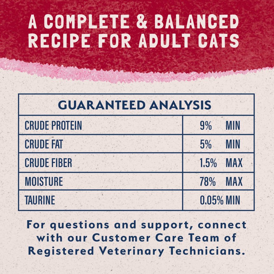 Guaranteed analysis chart for Natural Balance Ultra Premium wet cat food showing protein, fat, fiber, moisture, and taurine.
