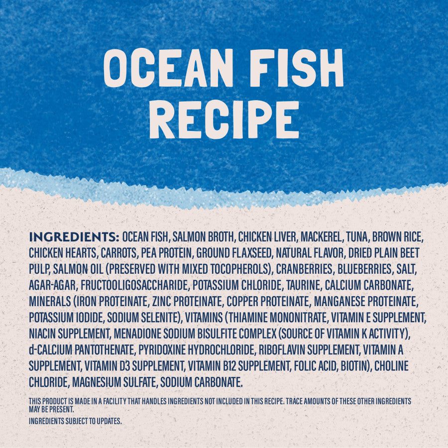 Natural Balance Ocean Fish Recipe wet cat food ingredients list featuring ocean fish, salmon broth, and essential vitamins.