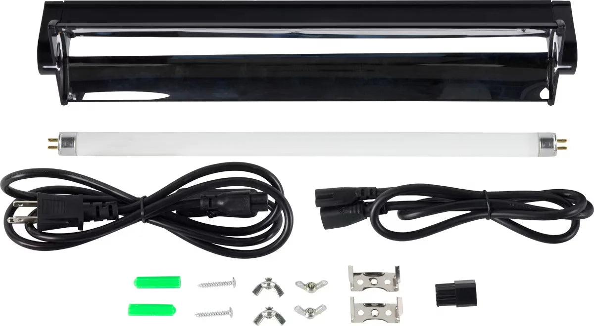 Reptile Systems Eco T5 Unit Zone 1 lighting kit with fixture, lamp, power cords, and hardware.