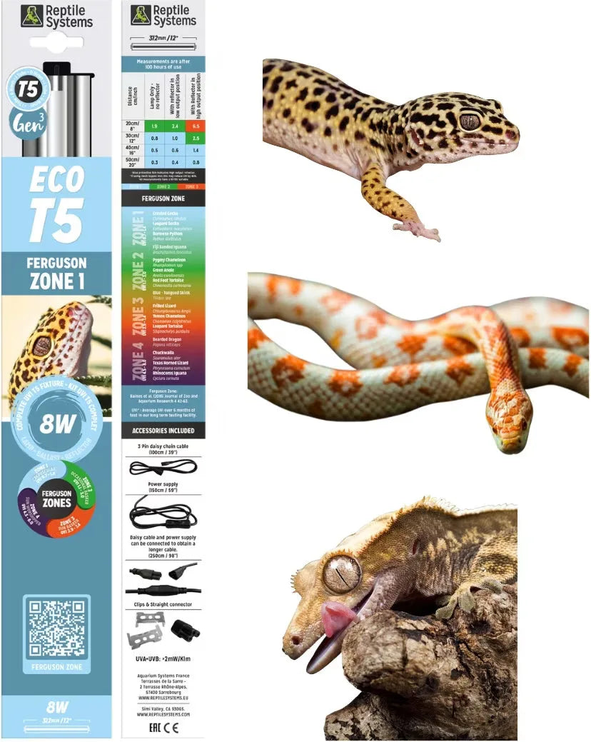 Packaging and components for a Reptile Systems Eco T5 Zone 1 lighting kit with reptile images.