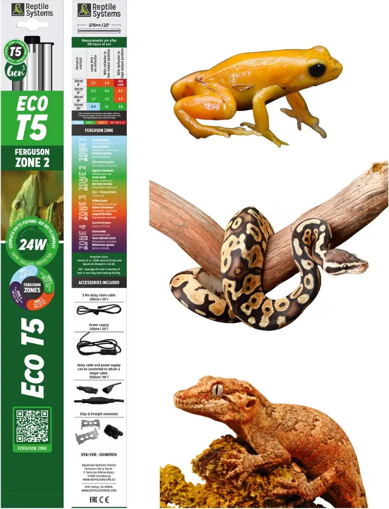 Reptile Systems Eco T5 lighting kit for reptiles with vibrant yellow frog, snake, and gecko images