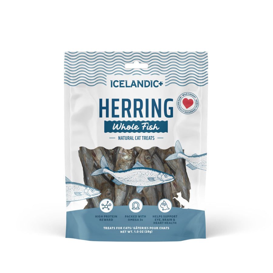 Icelandic+ Whole Fish Herring cat treats in a 1.0 oz resealable bag with air-dried whole fish.