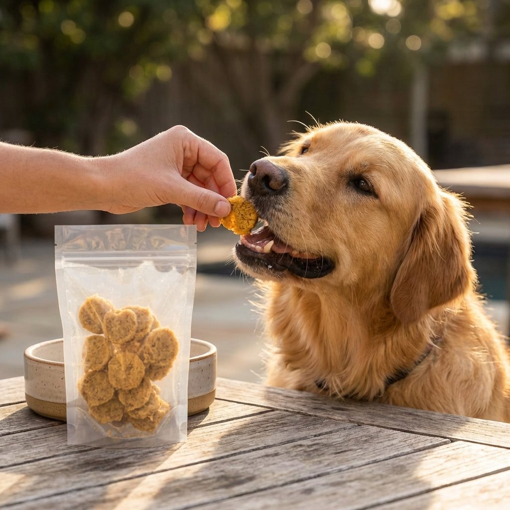 Person offering a treat to a dog, highlighting the treat-giving moment.