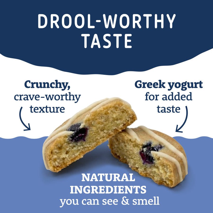 Close-up of split oat and blueberry dog treat with yogurt drizzle showcasing texture and natural ingredients labeled on blue background