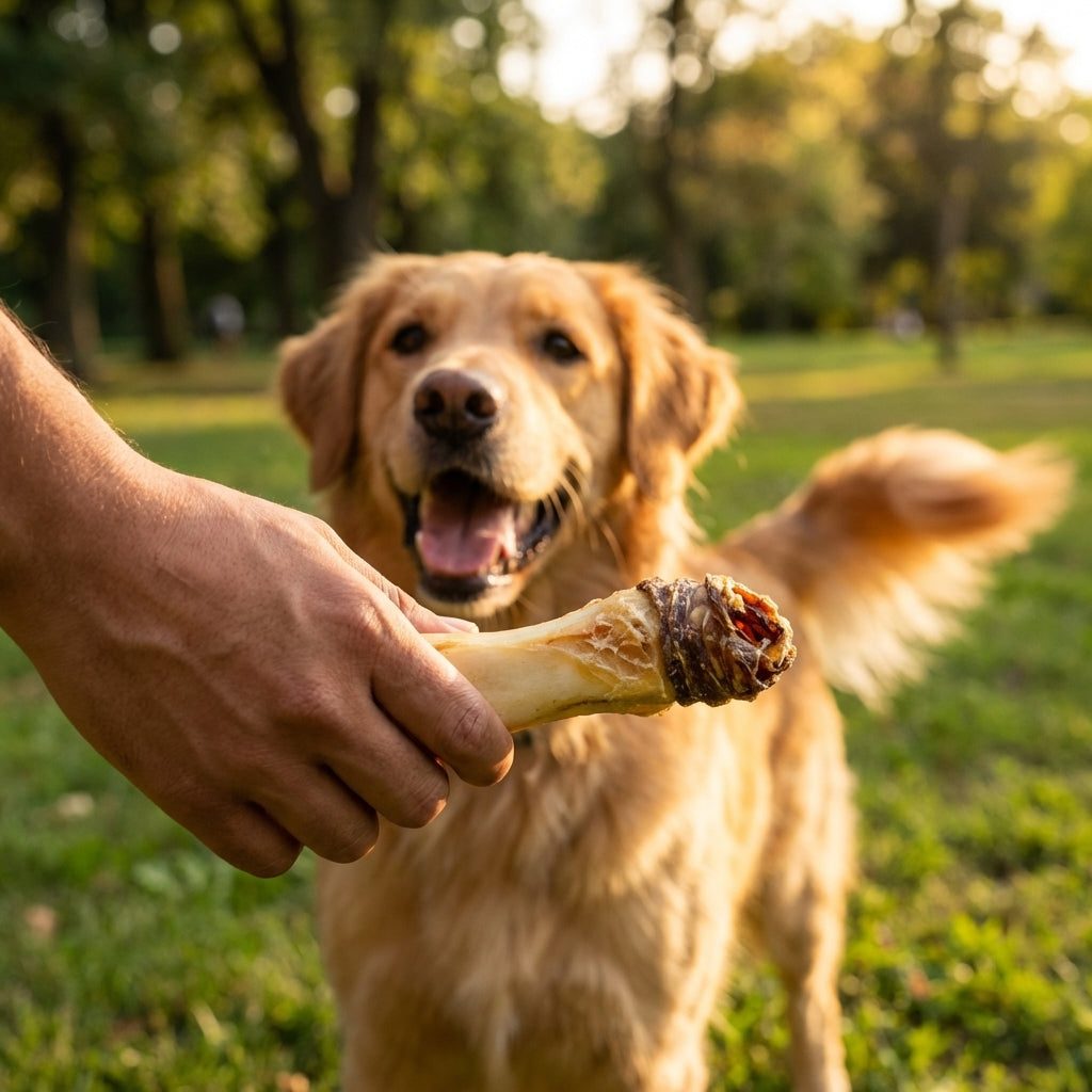 Person offering a treat to a dog, demonstrating a happy pet receiving a healthy reward.