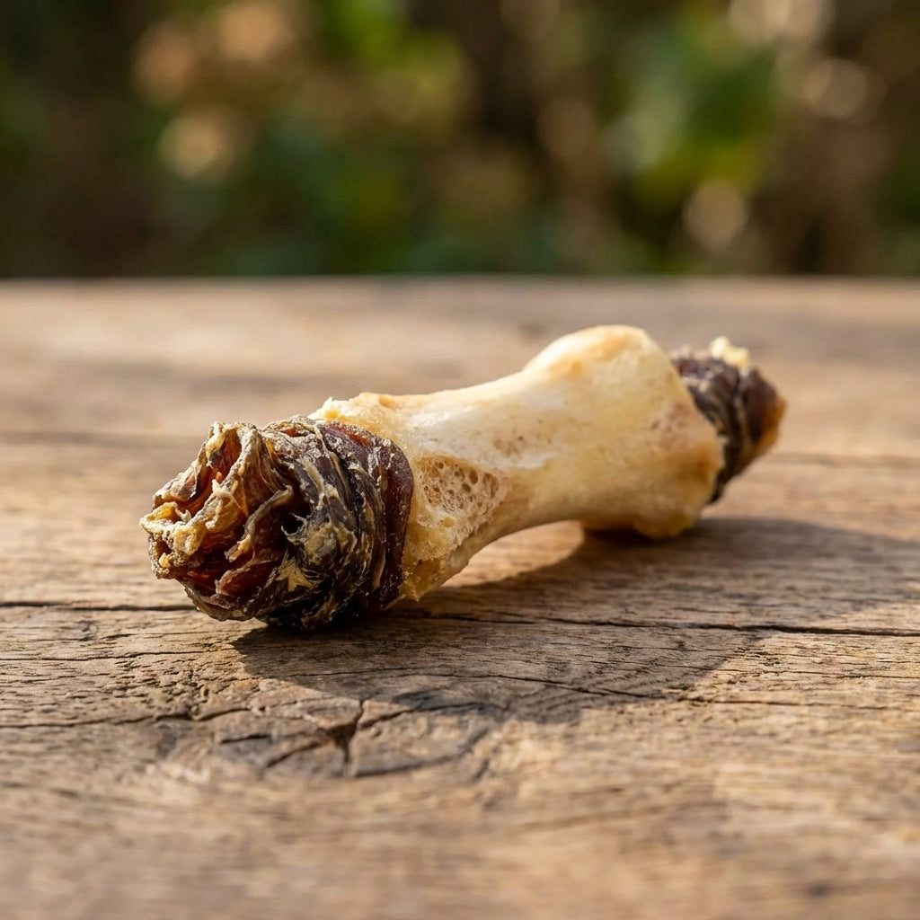 Close-up macro shot of a small natural bone and gullie dog treat on a rustic wooden surface, highlighting texture and detail.