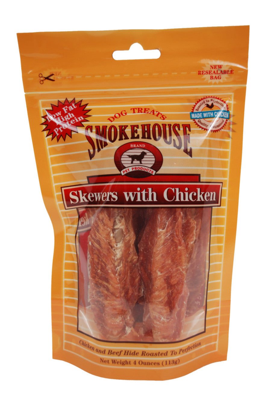 Smokehouse Chicken Skewers dog treats on a white background.