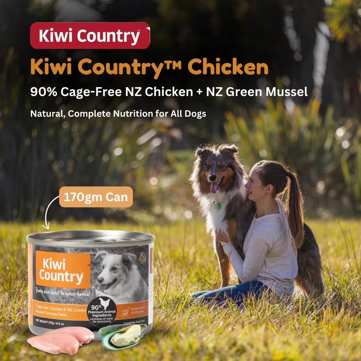 Kiwi Country grain free chicken dog food cans with cage-free chicken and NZ green mussel for all dogs