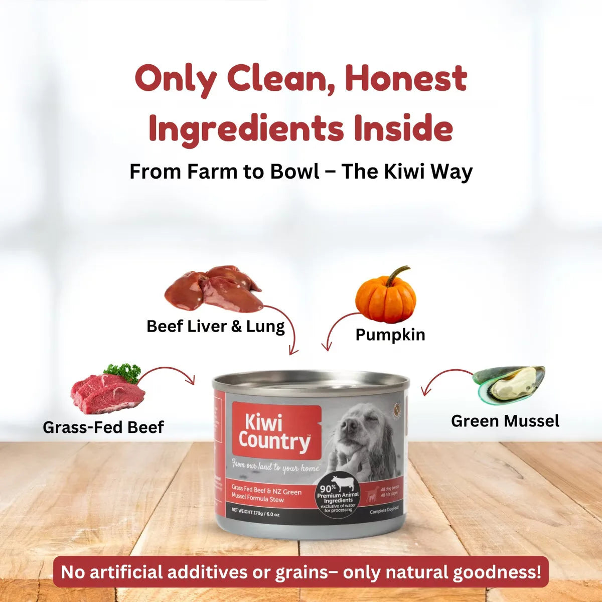 Kiwi Country grain free wet dog food for sensitive stomach with beef, pumpkin, and green mussel in can
