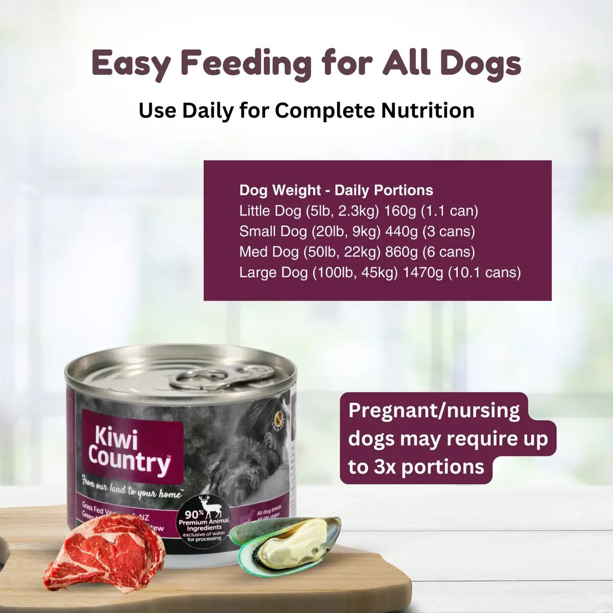 Kiwi Country grain free wet dog food in a can with easy feeding guidelines for all dog sizes