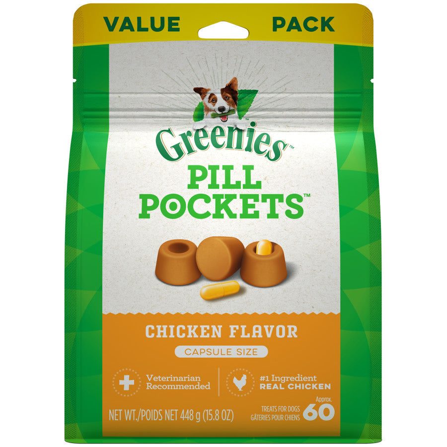 Greenies Pill Pockets chicken flavor dog treats hiding a pill.