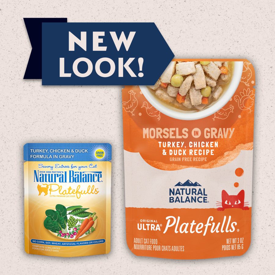 Natural Balance Cat Wet Food Platefulls Turkey Chicken & Duck Formula in Gravy, 3 oz pouch and 24-pack, featuring a new look.