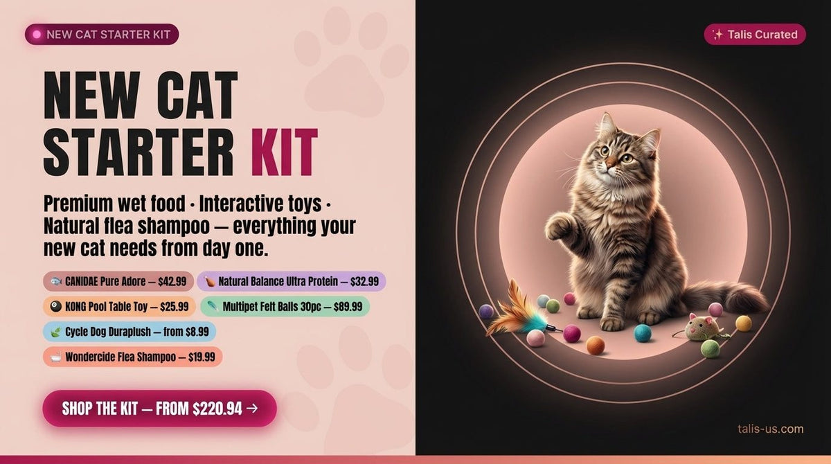 Split graphic with promotional text for a cat care kit and a fluffy tabby cat playing with colorful toys on dark background