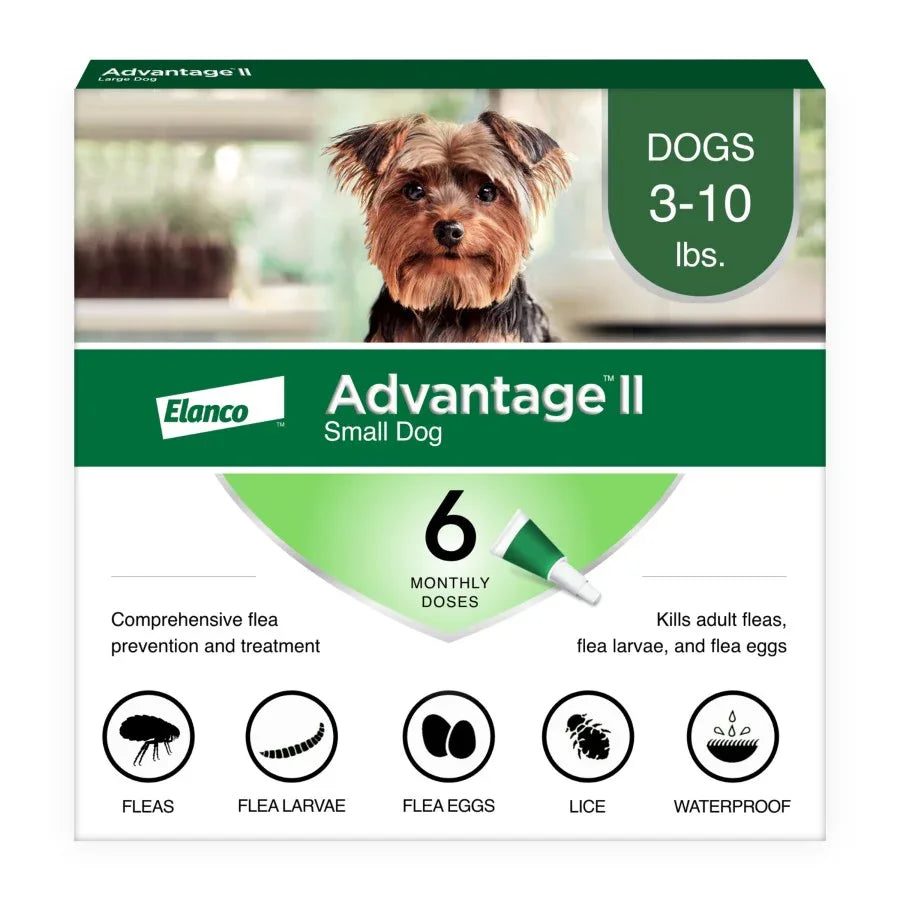 Advantage II flea treatment for dogs, small breed, designed for dogs 3-10 lbs, including 6 monthly doses