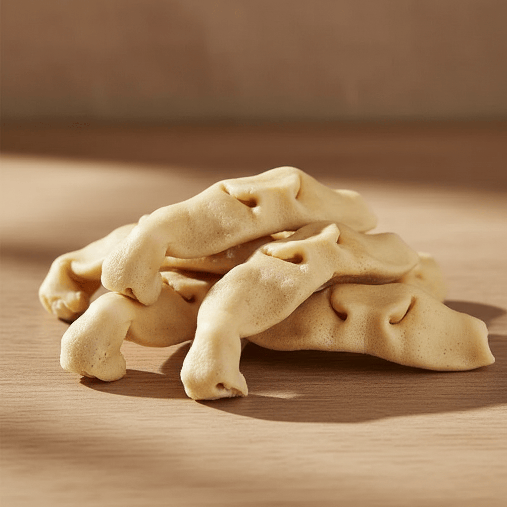 Natural dried beef snout chews stacked on wooden surface for dogs to enjoy healthy chewing treat