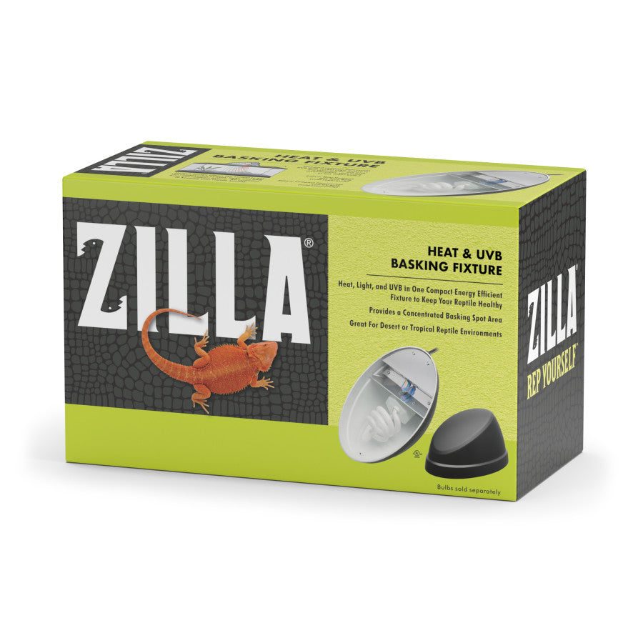 Packaging box of reptile heat and UVB basking fixture featuring an image of a lizard and product details on green and black background