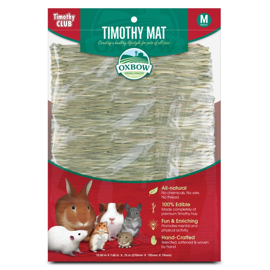 Oxbow Timothy CLUB Mat, a hand-woven edible hay mat for small pets like rabbits and guinea pigs.