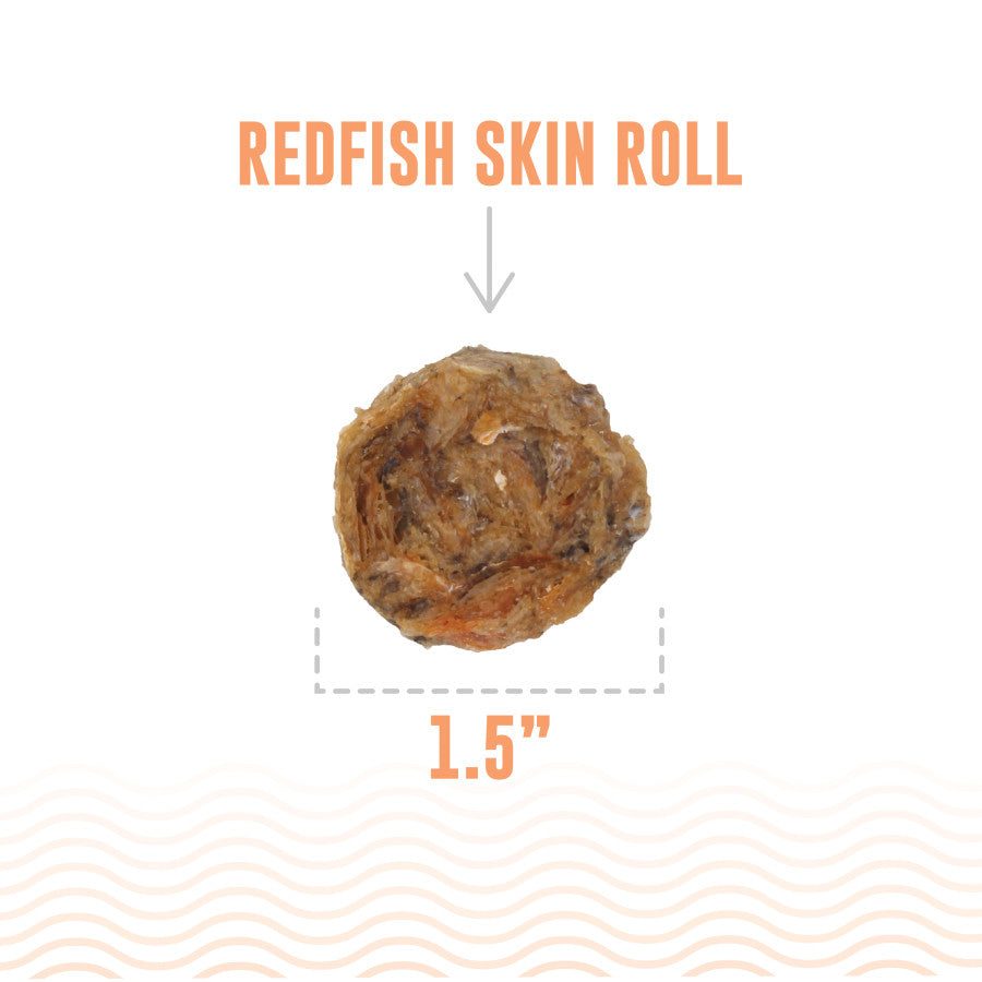 A 1.5-inch round Icelandic redfish skin roll dog treat shown from a top-down view.