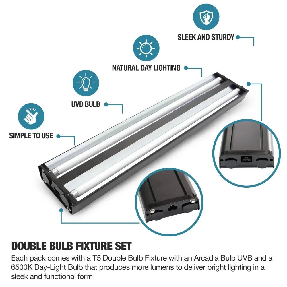Talis - us Double Bulb Fixture with Arcadia and 6.5k Day - Light Bulbs HO T5 UVB Reptile Light Terrarium Hood - Talis Us