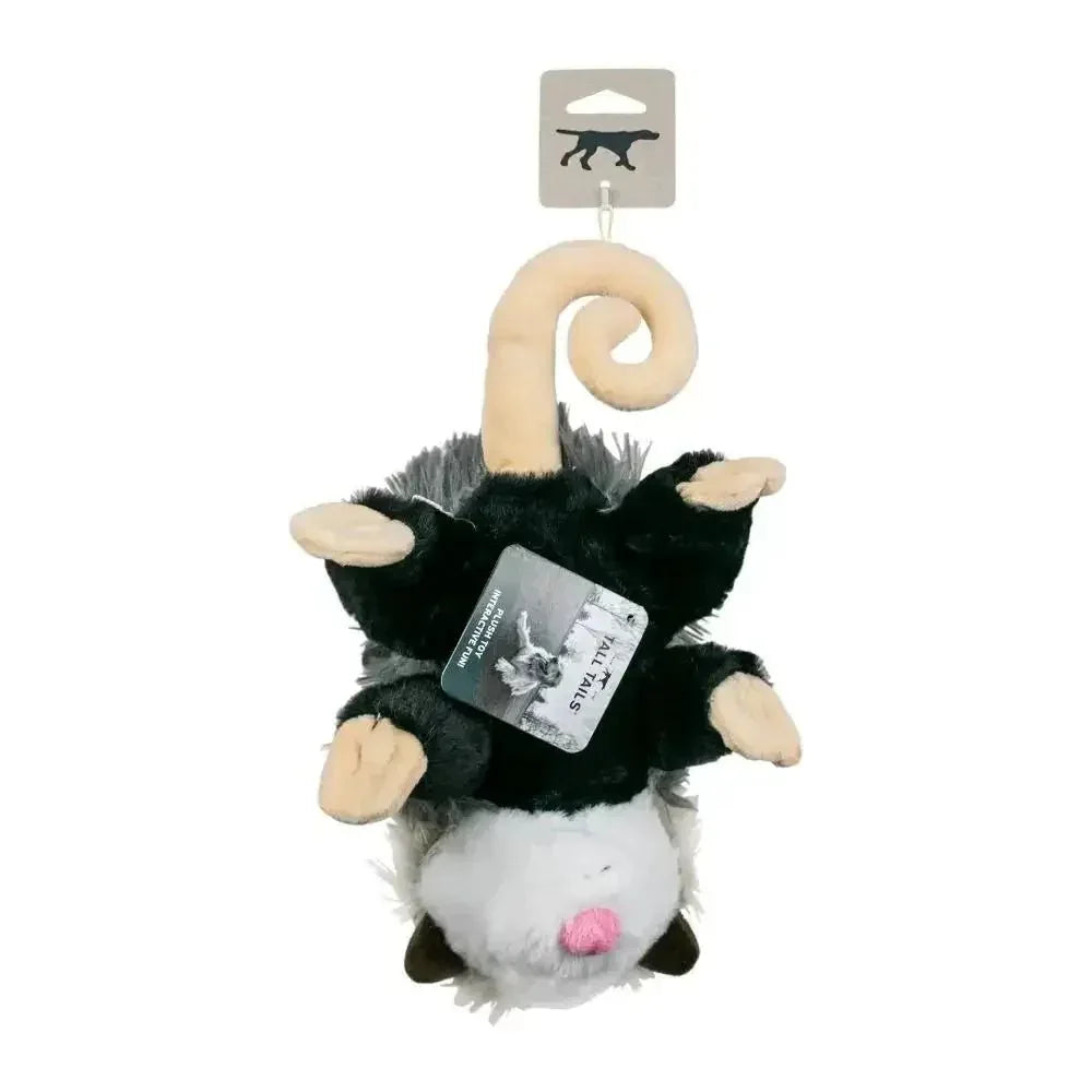 Tall Tails 12-inch possum plush dog toy with a rope body, grunting squeaker, and hanging tag.