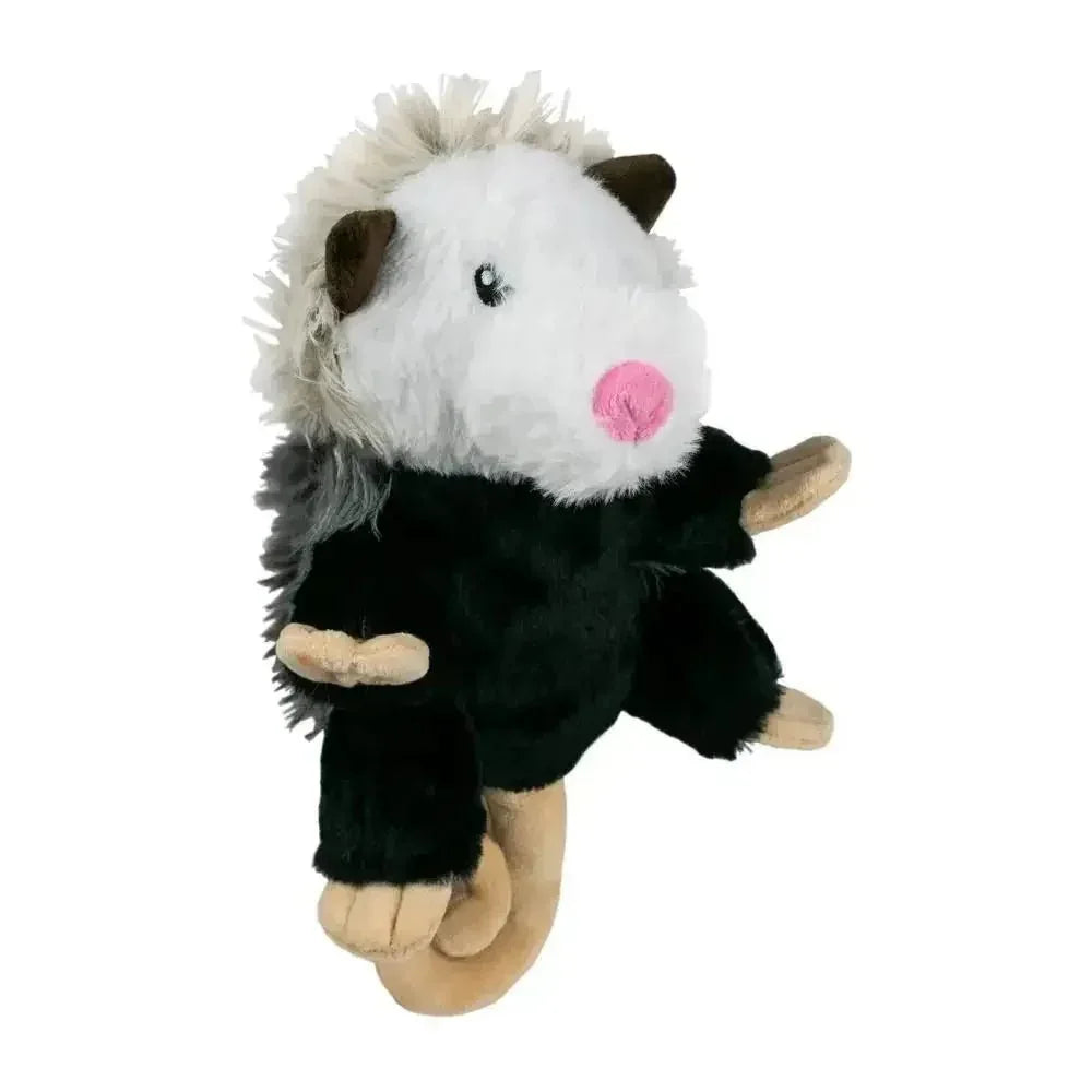 Tall Tails 12-inch plush possum dog toy with a white face, pink nose, and black body.