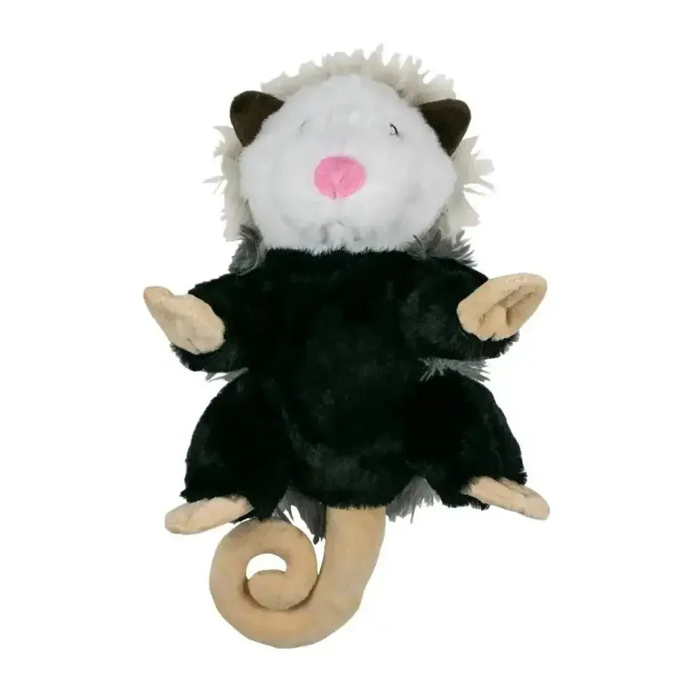 Tall Tails Possum Rope Body Dog Toy, 12 inch plush with black body, white face, and curled tail.